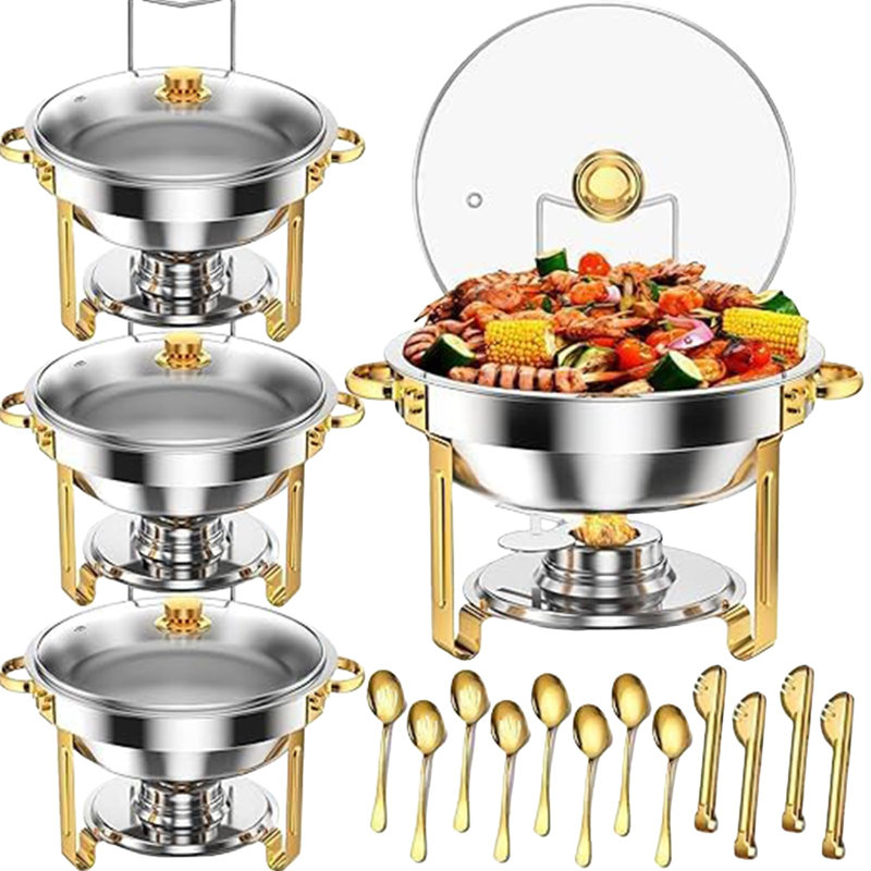 Ensemble de buffet à vaisselle 5 pte, table à manger en acier inoxydable avec couvercle en verre, poêle pleine grandeur, support pliant et support à carburant