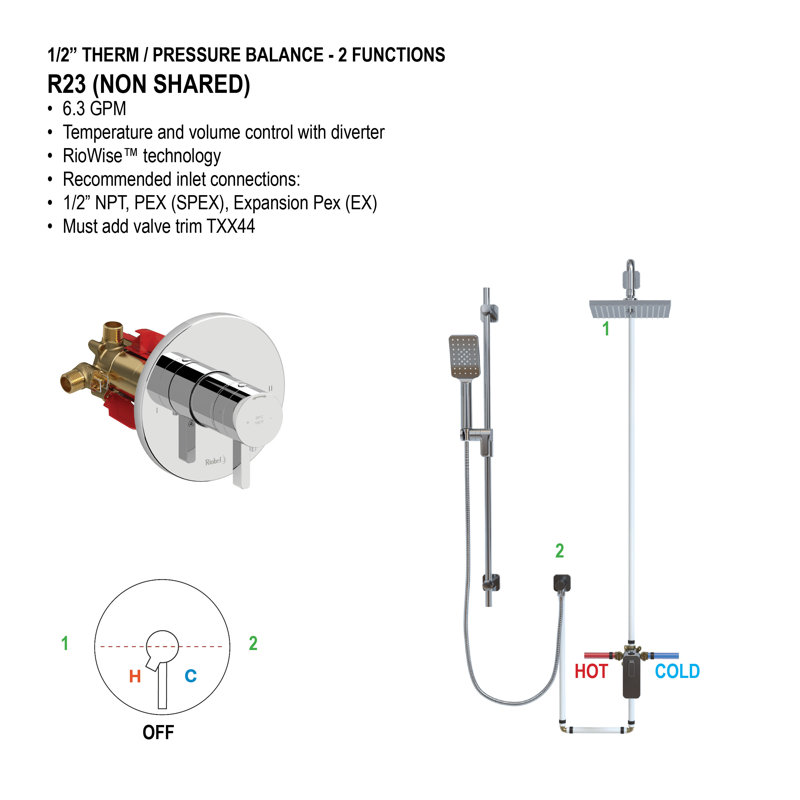 Riobel Momenti Thermostatic and Pressure Balanced Shower Faucet with Rough-in Valve, Brushed Gold
