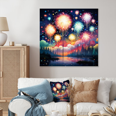 Blue And Pink Fireworks By The Lake - Fireworks Metal Wall Art