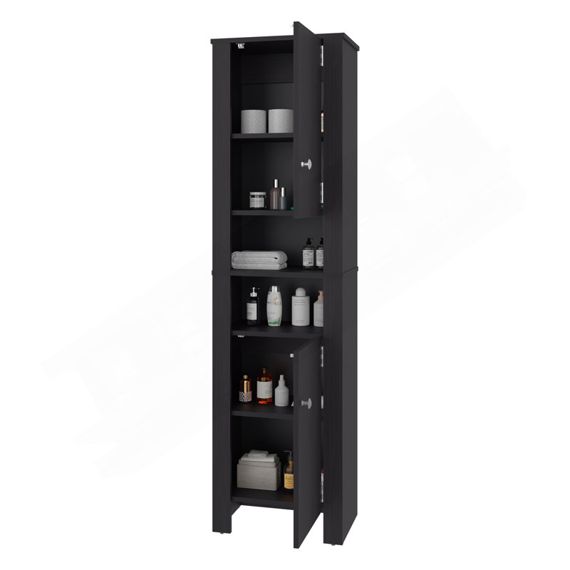 Armoire haute Catalina, organisateur de salle de bain avec compartiments fermés et zones d'utilisation quotidienne, wengé