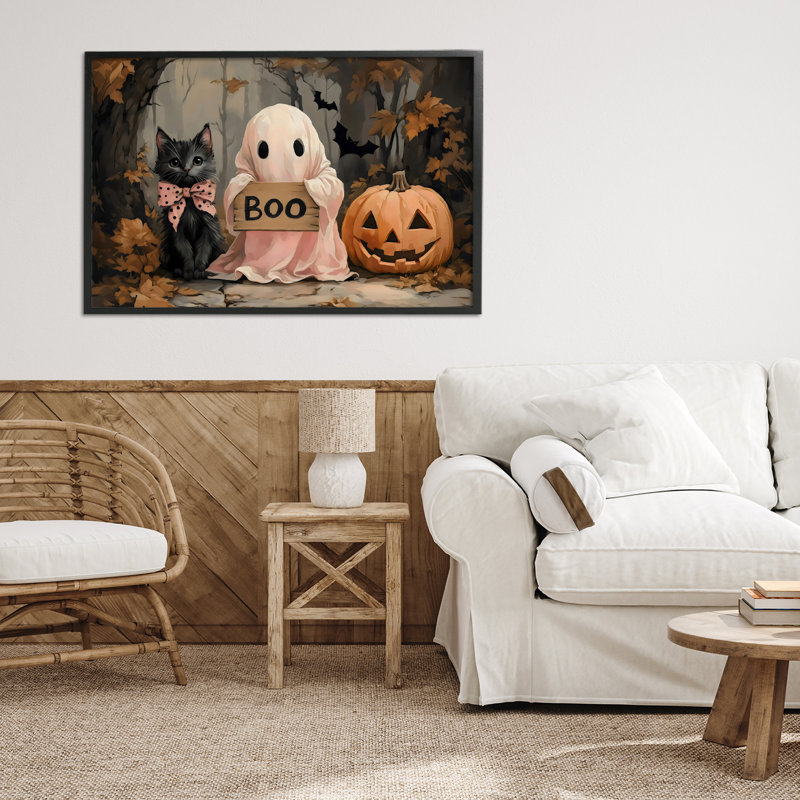 Joli dessin d'Halloween boo encadré, design par Arlington Prints, H 20 po x l 30 po, Giclée encadrée noir minuit