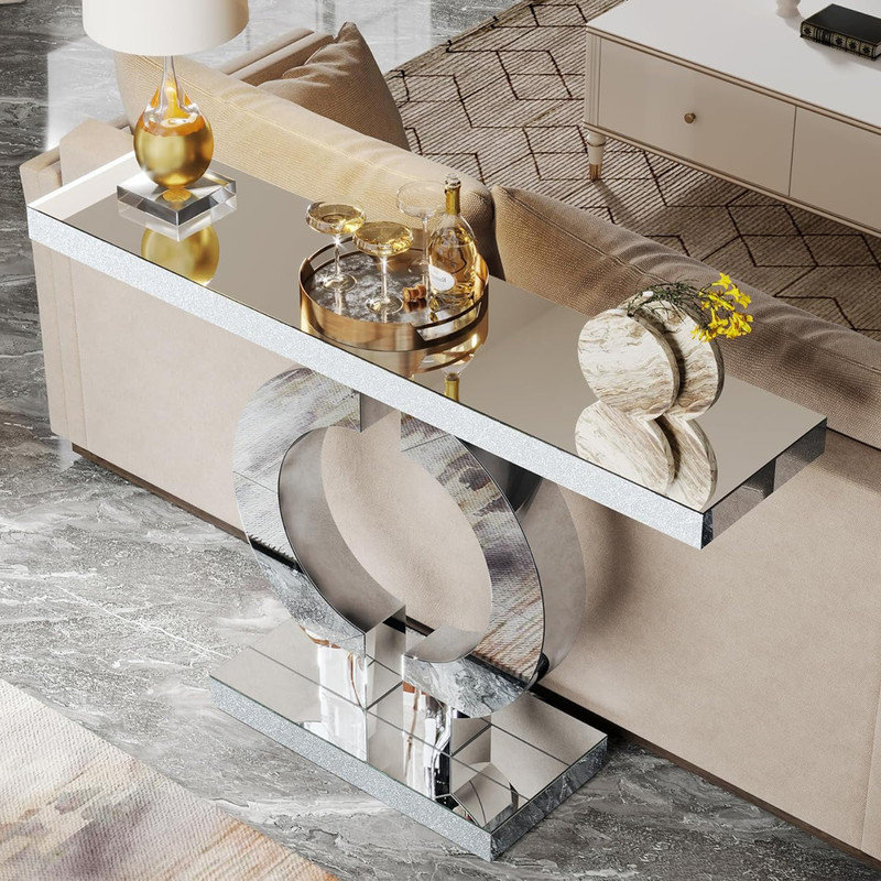 Silver Mirrored Glass Console Table with O-Shaped Base