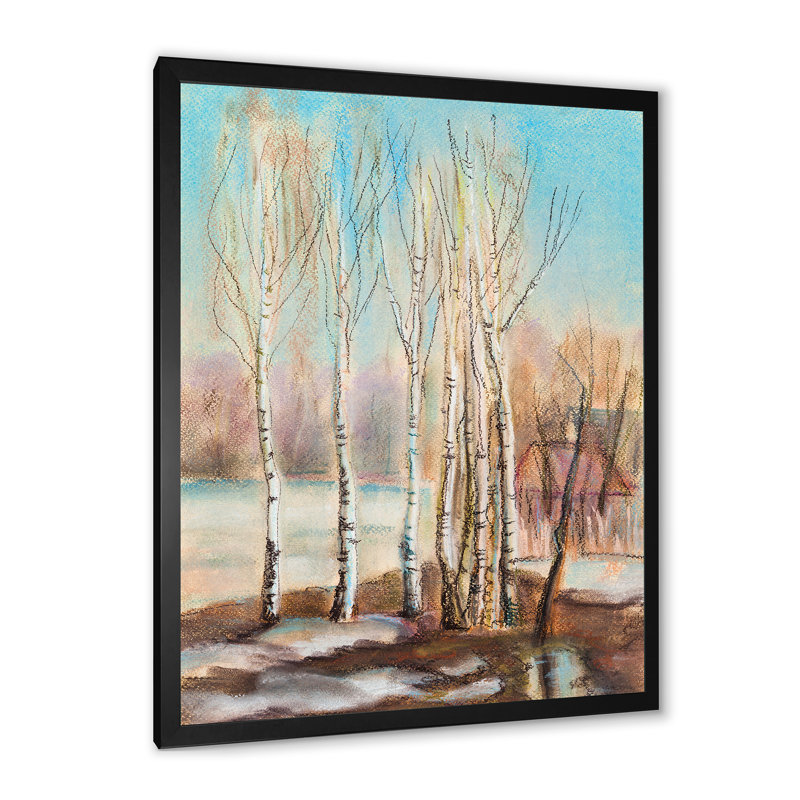 Bouleaux au soleil - Peinture, H 20 po x l 12 po x P 1 po, Cadre photo noir