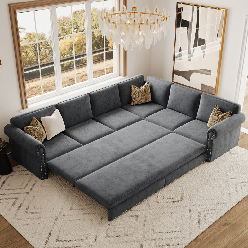 118" L-Shaped Sofa Couch With Pull-Out Bed,Oversize Convertible Sleeper Sofa With Nailhead Trim & Rolled Arm,Chenille Upholstered Sectional Couches, For Living Room, Apartment, Office,Light Grey