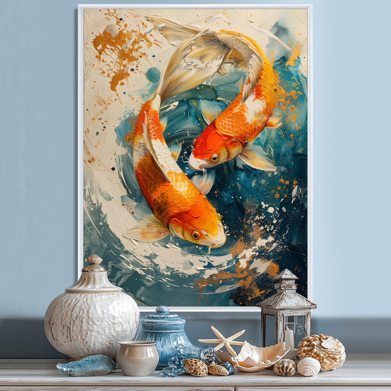 Orange, vert, poisson passionné, poisson Koi I - poisson, art mural, 44" H x 34" W, Black Picture Framed
