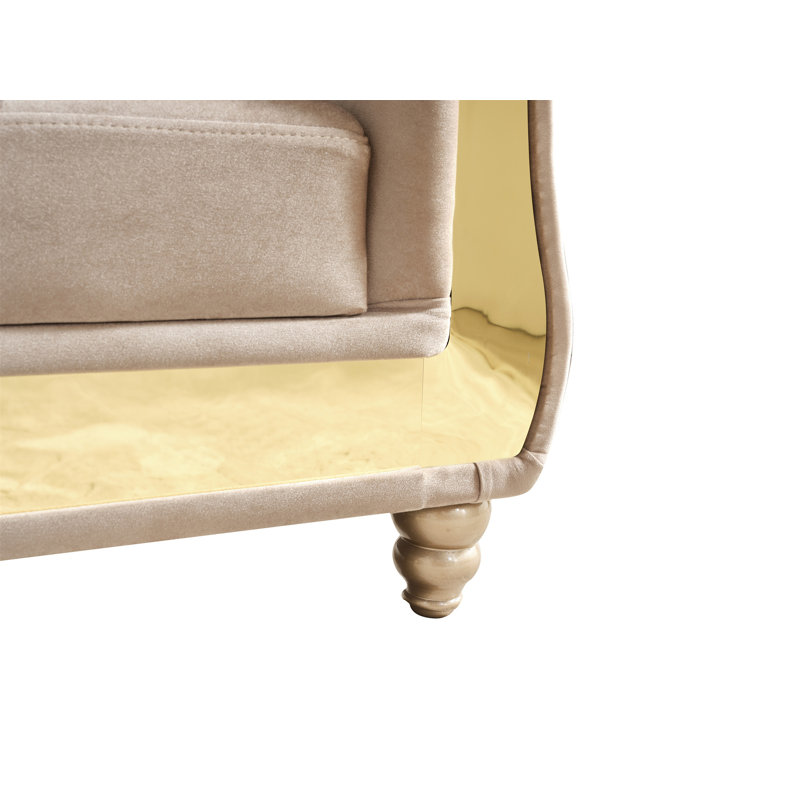 Canapé modulaire or capitonné avec revêtement en bois taupe