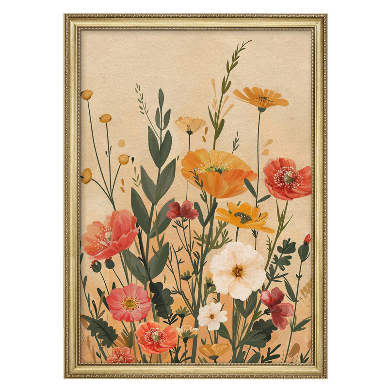 "Champ de fleurs de coquelicots botaniques rétro avec tons chauds, décoration murale encadrée dorée", Non