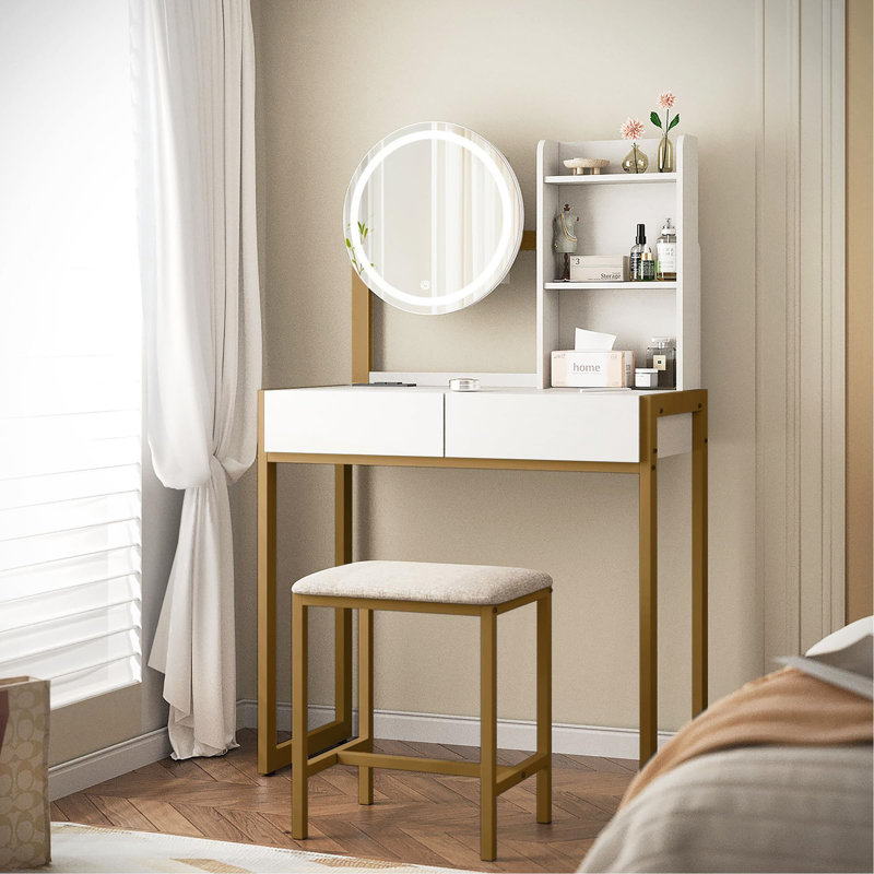 Small Vanity Desk With Mirror And Lights, Makeup Vanity Table With LED Mirror, 3 Lighting Modes, Power Outlet, Drawer, Open Shelves And Cushioned Stool For Bedroom