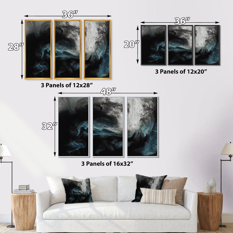 «Cloudscape gris clair avec touche de turquoise II», reproduction sur toile flottante 3 pièces, H 20 po x l 36 po x P 1 po