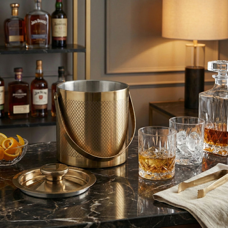 URBNLIVING Gold Metal Barware Set Cocktail Shaker Ice Bucket Wine Cooler Tongs Double Wall - Ice Bucket w/Tongs
