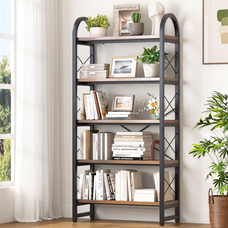 23.6" 5-tier Arched Industrial Bookcase, Rustic Solid Wood Open Shelves With Metal Frame, Vintage Display Storage Rack For Living Room Bedroom