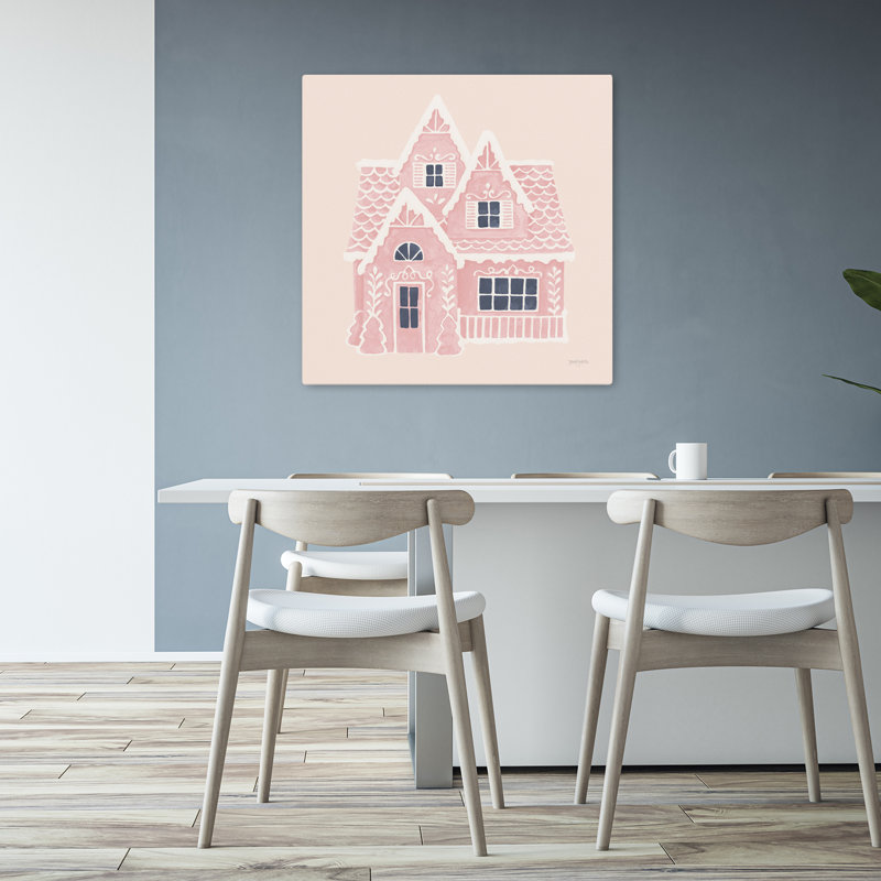 «Gingerbread Dream House Ii», art contemporain carré rose, H 32 po x l 32 po