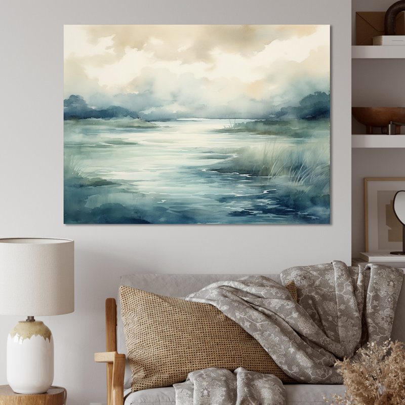 «Misty Lake Serenity», aquarelle rétro sur toile, H 12 po x l 20 po, Toile tendue