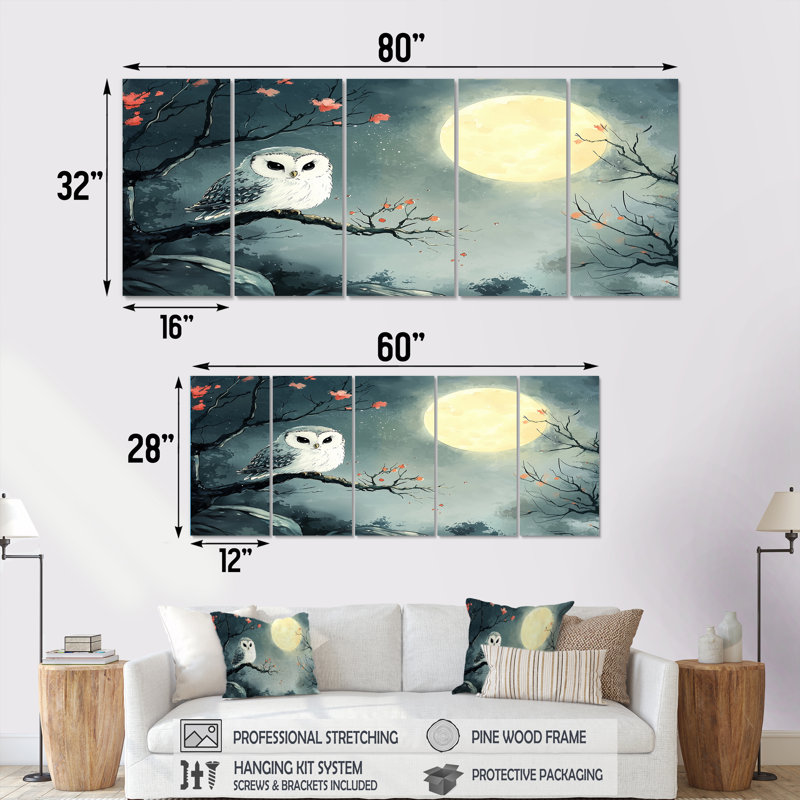 Hibou au clair de lune en hiver - Art mural animal hibou - ensemble d'art mural moderne, H 32 po x l 80 po