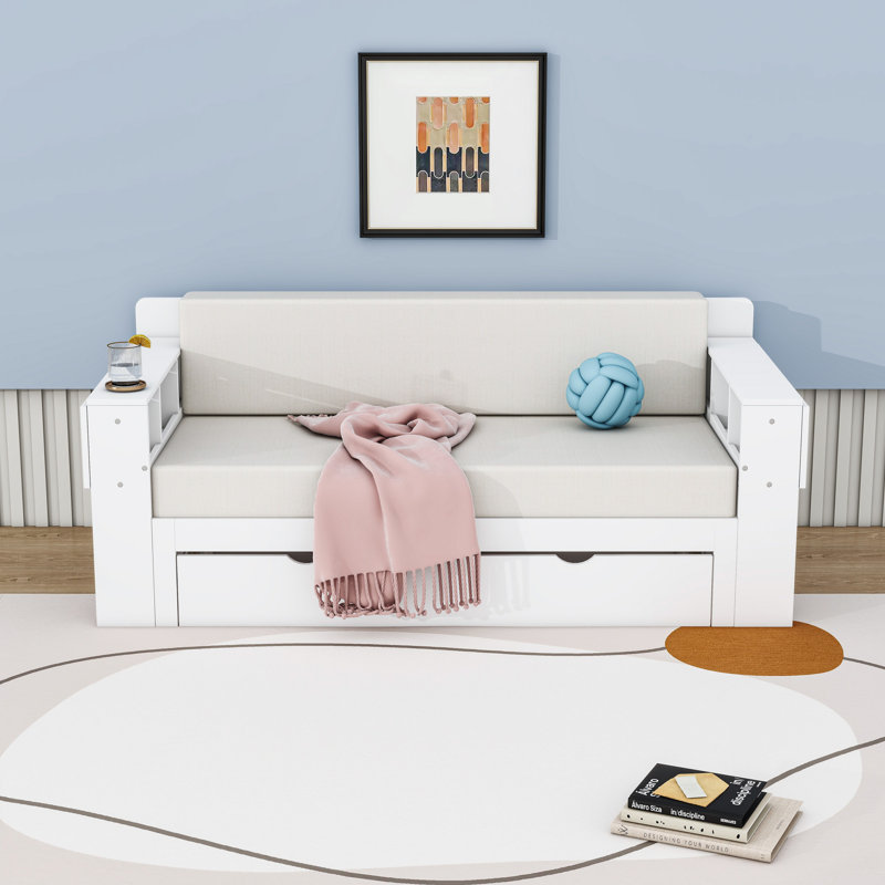 Wooden Convertible Daybed with Built-in Desk and Drawer, Full/Double, White