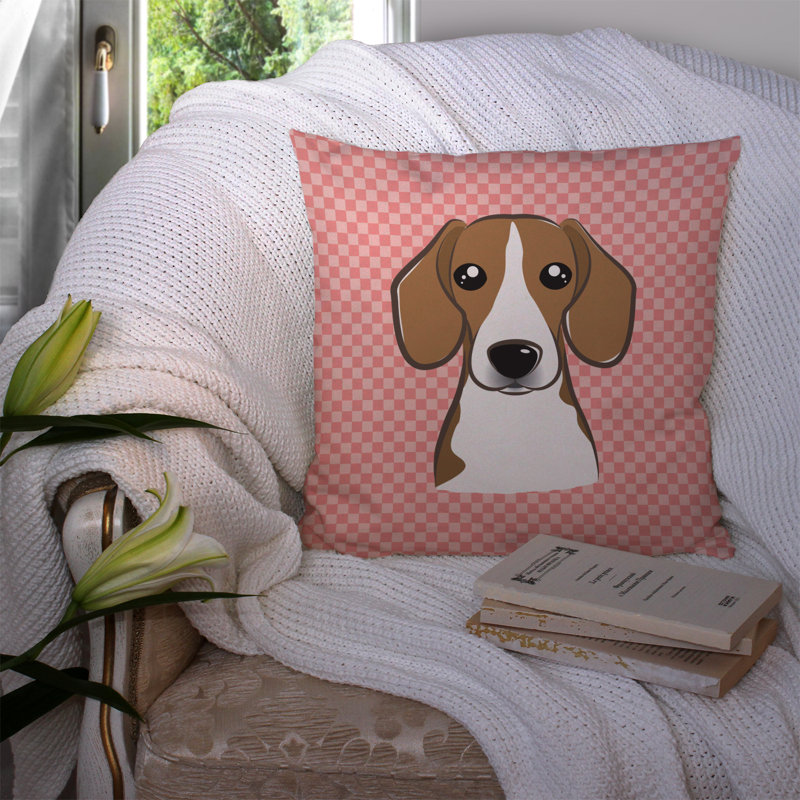 Coussin décoratif intérieur/extérieur beagle damier, H 14 po x l 14 po x P 4 po, Rose
