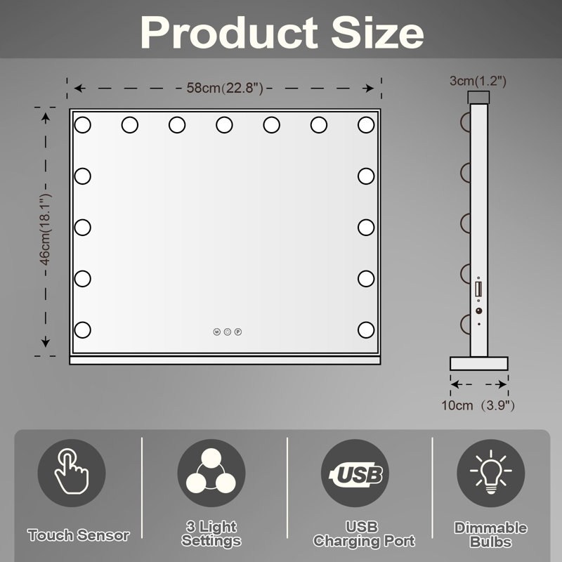 Miroir de salle de bain avec lumières, miroir de maquillage Hollywood avec 15 ampoules à DEL à intensité variable, 3 couleurs et port de charge USB pour le vestiaire et la chambre à coucher, structure mince en métal, plateau de table / mur