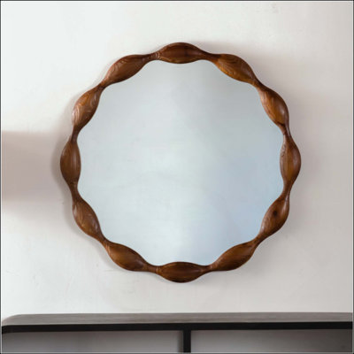 Solid Wood Round Mirror, Rustic Farmhouse Wavy Irregular Decorative Wall Mirror -Circle Wood Frame Mirror For Living Room, Hallway, Entryway