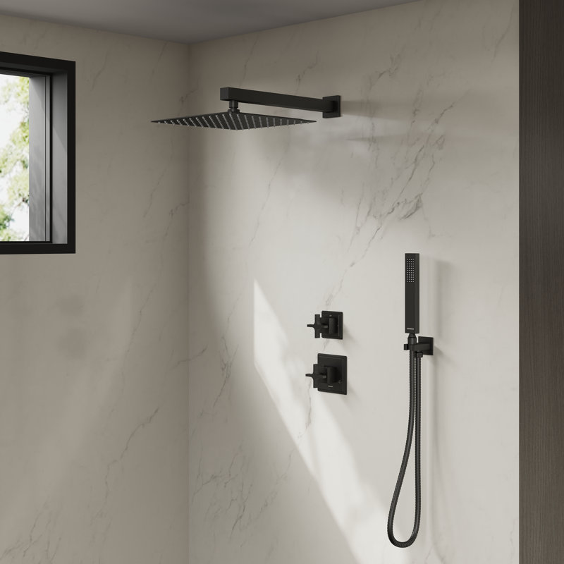 Rugen Thermostatic Shower System Rainfall, Large 12" Rain Shower Head with Handheld, Matte Black Shower Faucet Set with Valve, High Pressure Showerhead