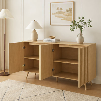 Sideboard Buffet Cabinet with Storage, Long Sideboard Storage Cabinet with 4 Doors, Wood Credenza Console Coffee Bar Cabinets with Adjustable Shelves for Living Room Kitchen Dining Room Natural