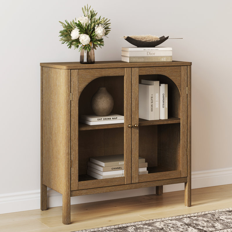  Sideboard Buffet With Glass Doors, Light Brown