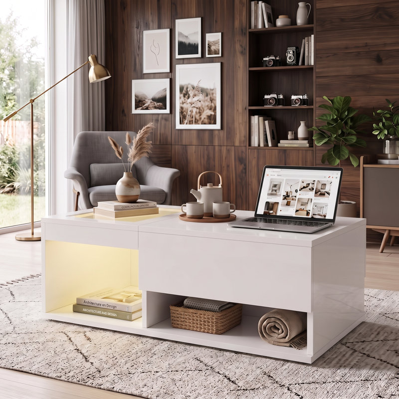 100cm Coffee Table with Lift Top & RGB LED Lights, Modern High Gloss Living Room Storage Table with Glass Display, White