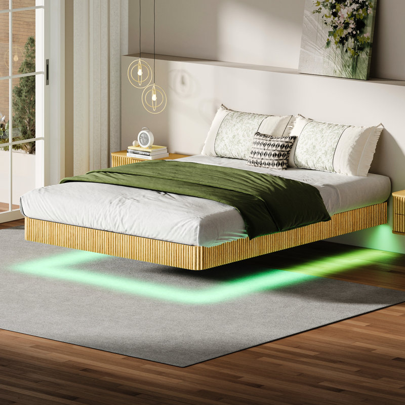 Oak - Colored Queen Floating Bed Frame, Wave Shaped Wood Panel, Led Lighting System With One Touch Scene Creation, Heavy Duty Metal Slats, Invisible Suspension Design, Sound Activated Color Change,