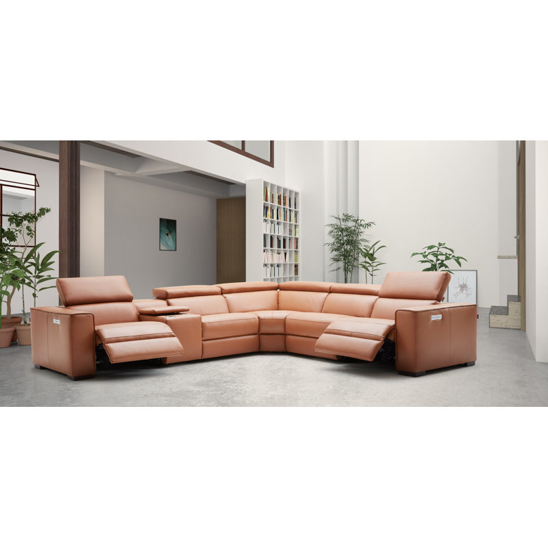 Graddy Upholstered Power Reclining Sectional Reversible, Caramel Genuine Leather