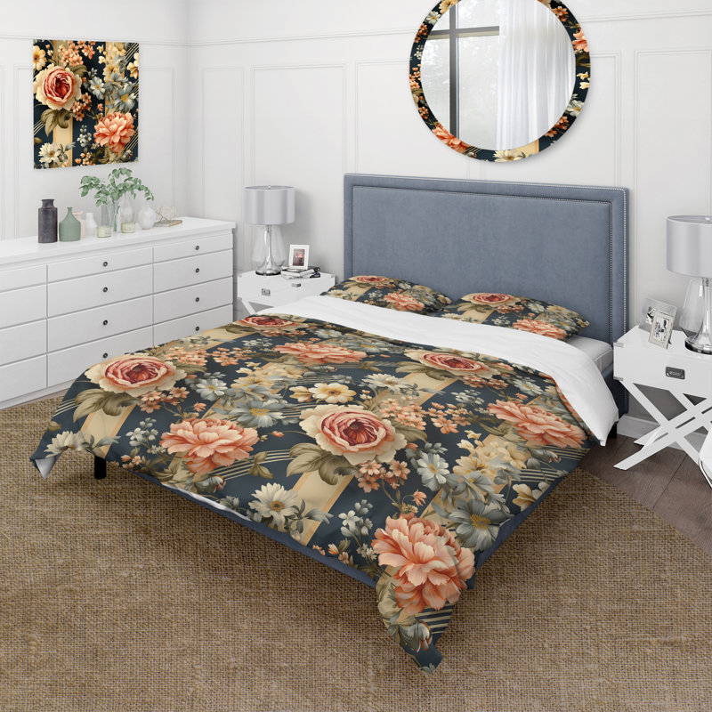 Peach And Blue Chic Elegance Peony Gardens Polyester Floral Duvet Cover Set, Twin Duvet Cover + 1 Standard Sham