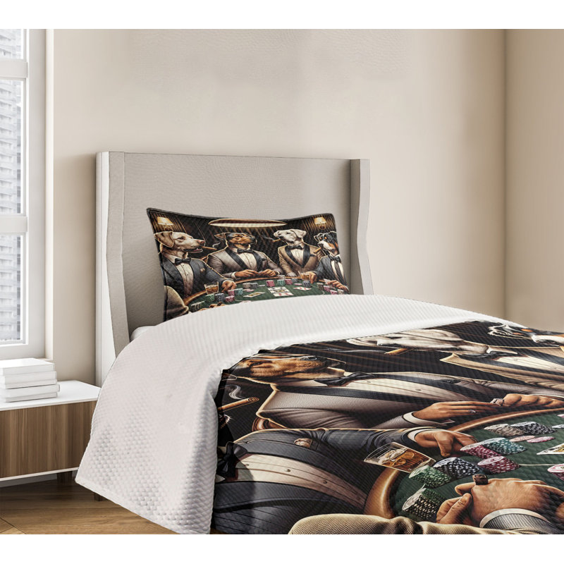 Twin Size Brown Dark Green Polyester Dog Poker Coverlet Set