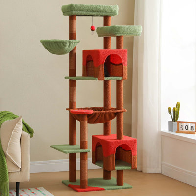 Arbre à chat de 69 po de hauteur pour grands chats d'intérieur et chats adultes avec super grand hamac, poteaux à griffer, maisonnette et grand perchoir supérieur