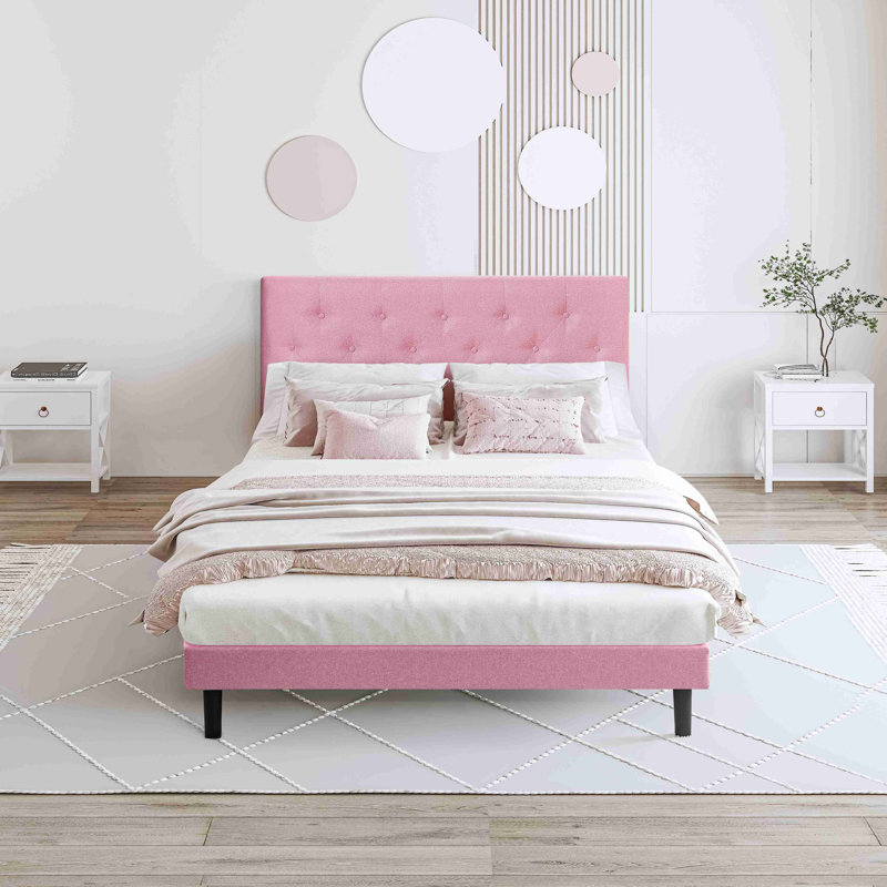 Structure de lit plateforme tapissier avec tête de lit en tissu de lin capitonné moderne sans sommier, Grand lit, Rose