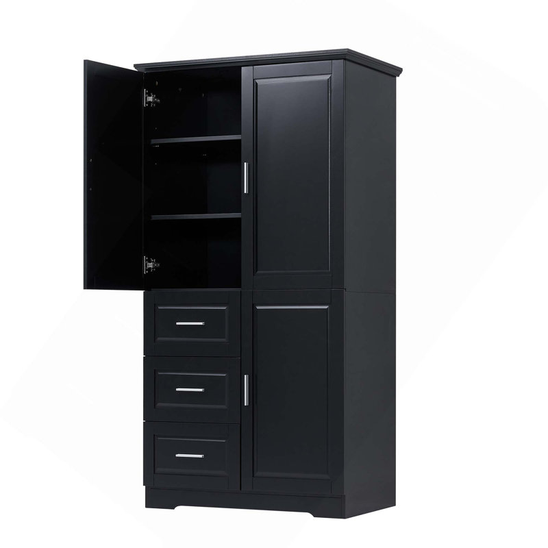 Tall And Wide Storage Cabinet With 3 Drawers Doors Adjustable Shelf For Bathroom Office Kitchen, Black
