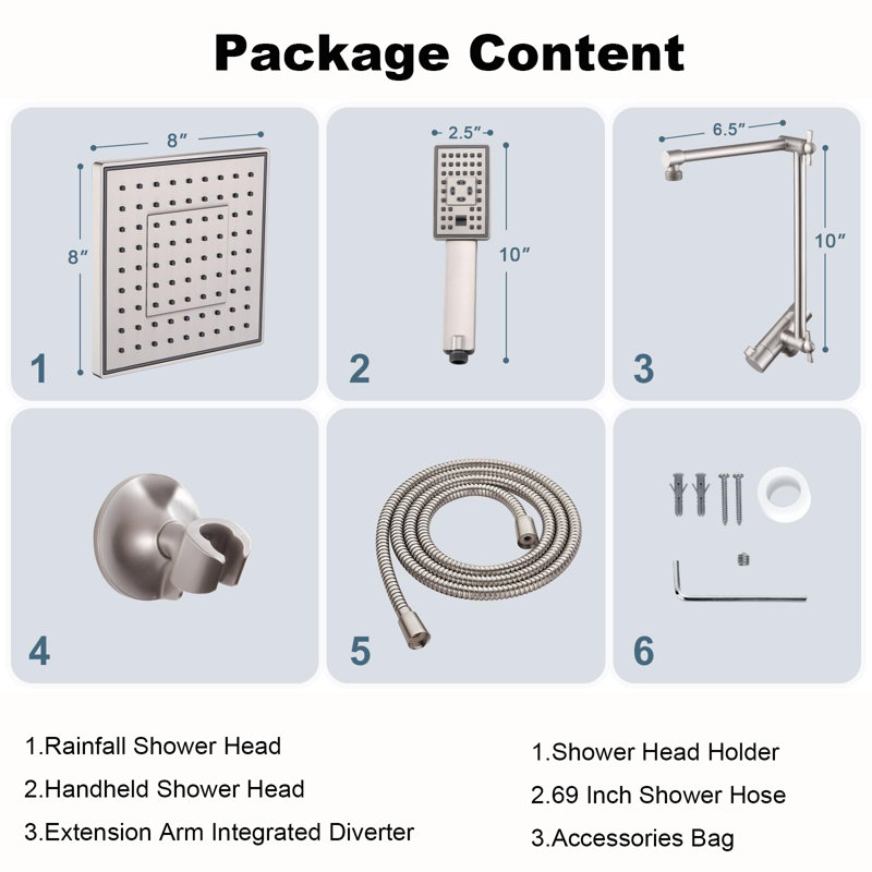 High-Pressure Dual Shower Head System With Extendable Arms - 8" Adjustable Square Rainfall & Handheld Shower Combo
