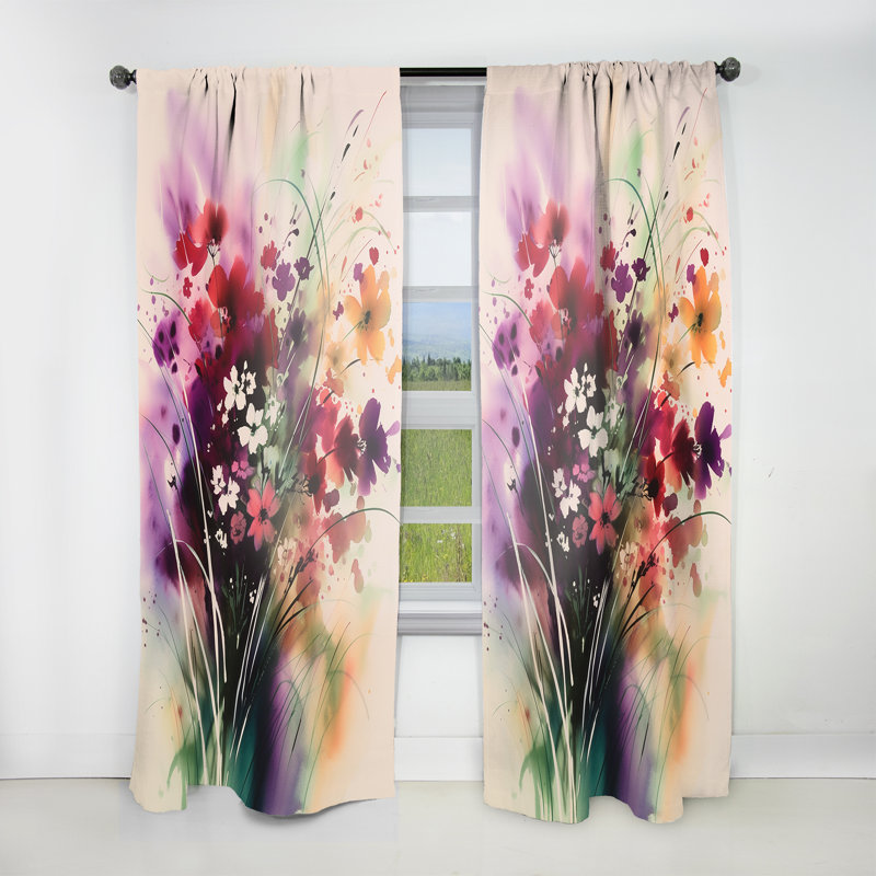 Shandley - Bouquet de fleurs mauves et vertes Elegance II - Rideau de bouquet - Velours obscurcissant - 1 panneau
