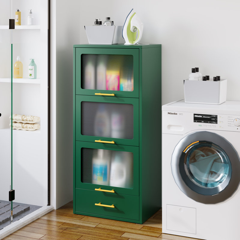 Metal Freestanding Display Stoarge Cabinet With Acrylic Glass Doors And Drawer For Storage Kitchen Pantry Cabinet, Green