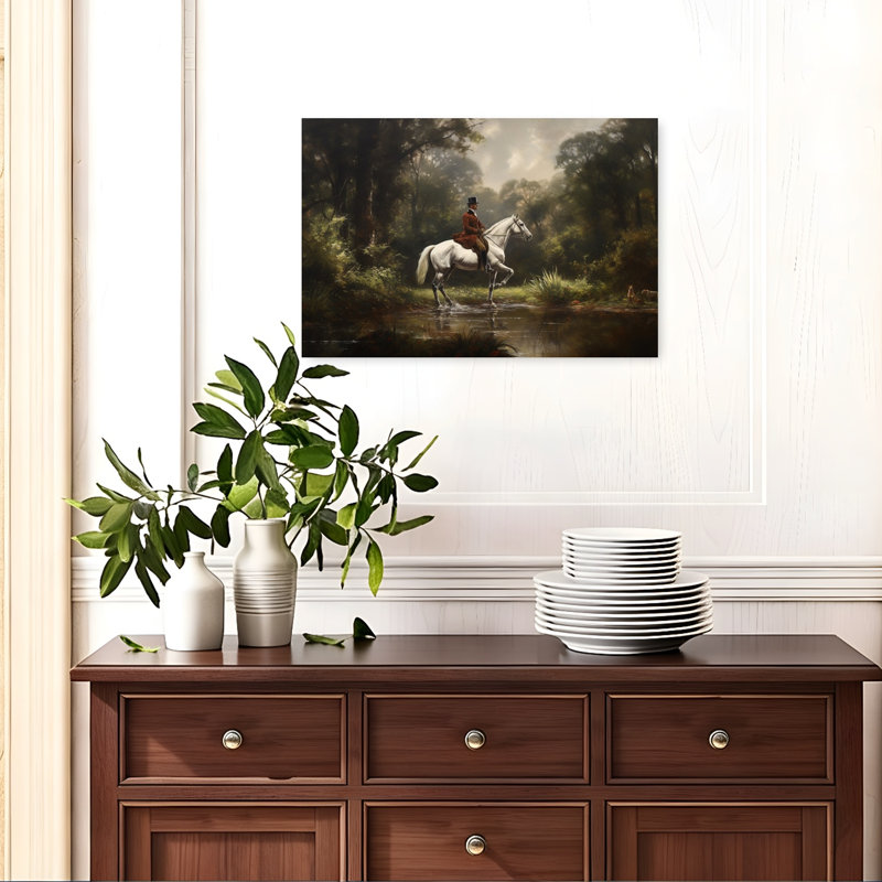 Elegant Rider In Forest Classic Elegant Peaceful Dog Horse Forest Nature Wall Art Print by Mathieu - Wrapped Canvas Print