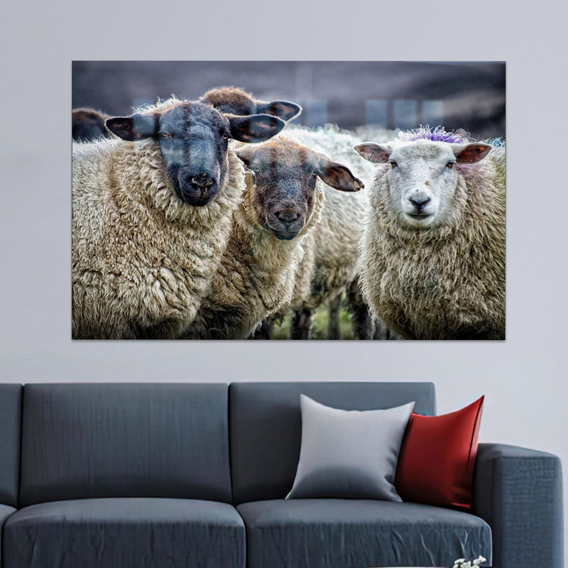 Art mural en verre trempé sur le thème de grands animaux avec des images de moutons d'inspiration campagnarde, idéal comme cadeau personnalisé