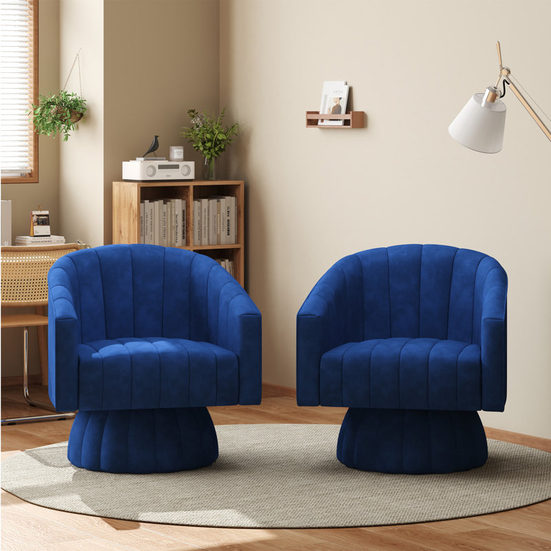 Upholstered Oversize Swivel Armchair (Set Of 2), Blue Polyester