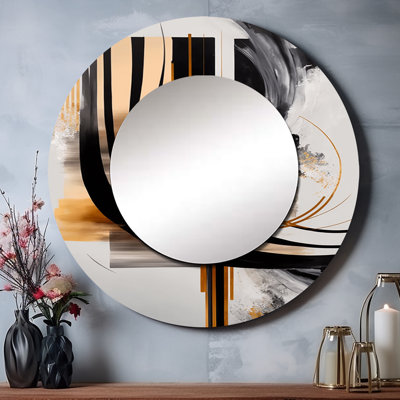 Plute Gold Touch Art Deco III - miroir unique abstrait, grand miroir mural rond noir, impression d'art en métal
