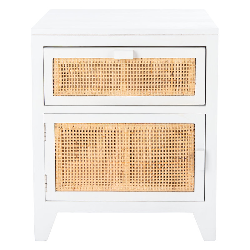 Elegant Blumenthal Rattan and Mahogany Nightstand – 18'' W Solid Wood Table with Sleek Drawer Pulls, White