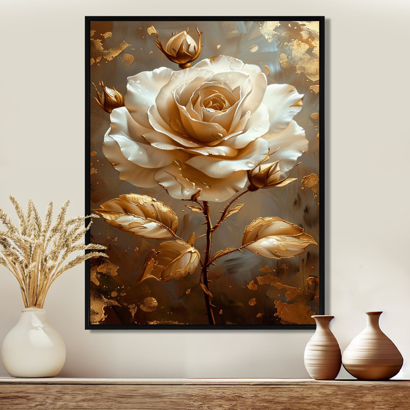 Or blanc doré doré feuilles dorées - rose, art mural, Toile avec cadre flottant noir, H 44 po x l 34 po x P 1,5 po