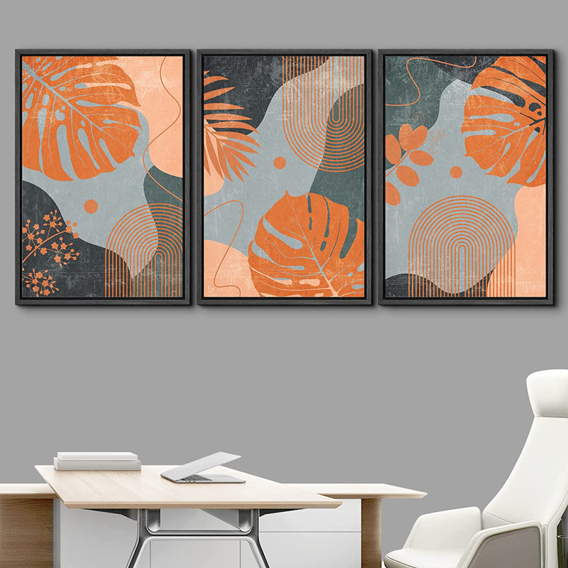 Cadre flottant de style Mid-Century moderne 3 pièces, impression sur toile, Noir, H 24 po x l 48 po x P 1,5 po