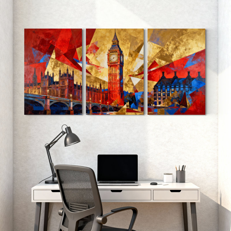 Ensemble de 3 reproductions d'art sur toiles abstraites de grandes villes et pays de Londres avec Big Ben, H 18 po x l 36 po