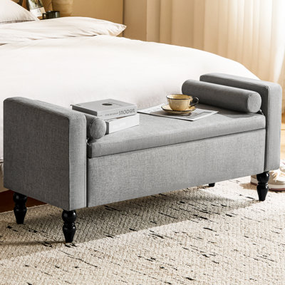 Upholstered Storage Bench with Two Pillows and Arms, Button-Tufted End of Bed Bench for Living Room, Bedroom, Entryway