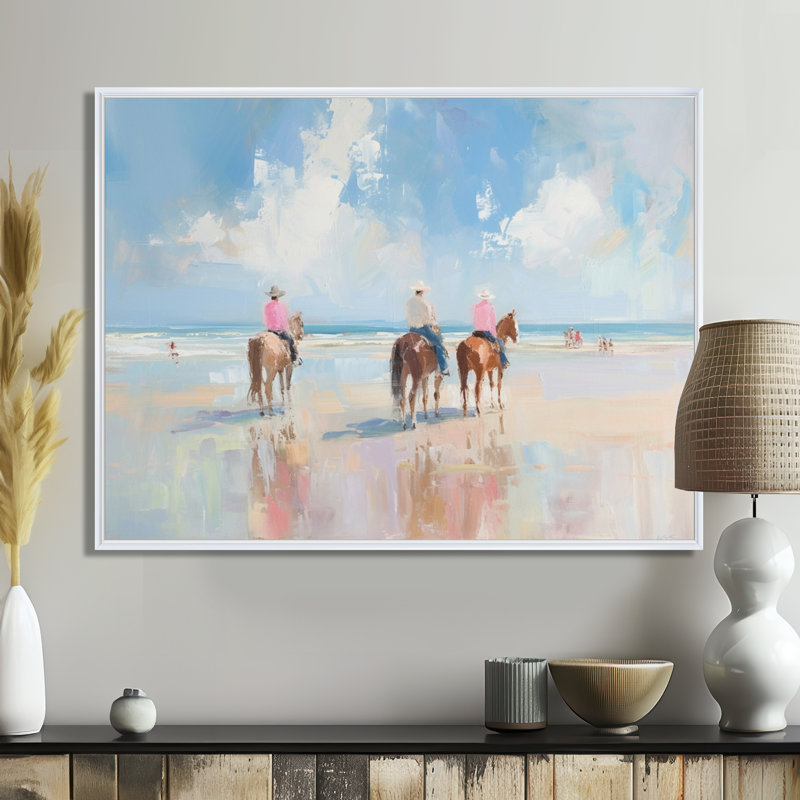 Surfside Beach, Texas Cowboys à cheval - décoration murale de cow-filles, Toile encadrée flottée blanche