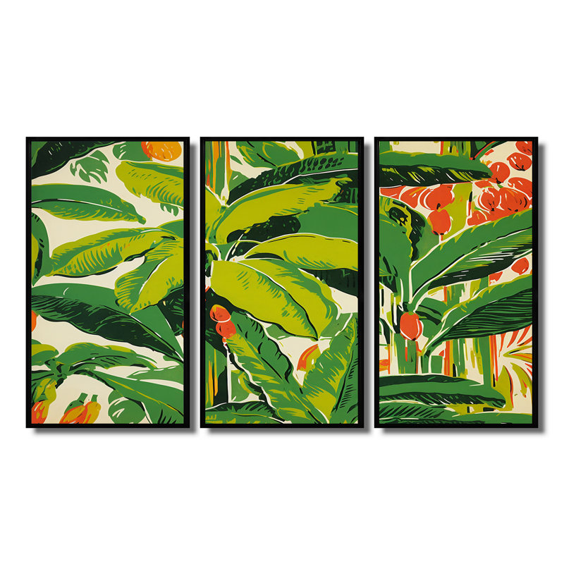 Palmiers tropicaux Illustration rétro - ensemble d'art mural feuilles, Cadre flottant noir, H 32 po x l 48 po x P 1 po