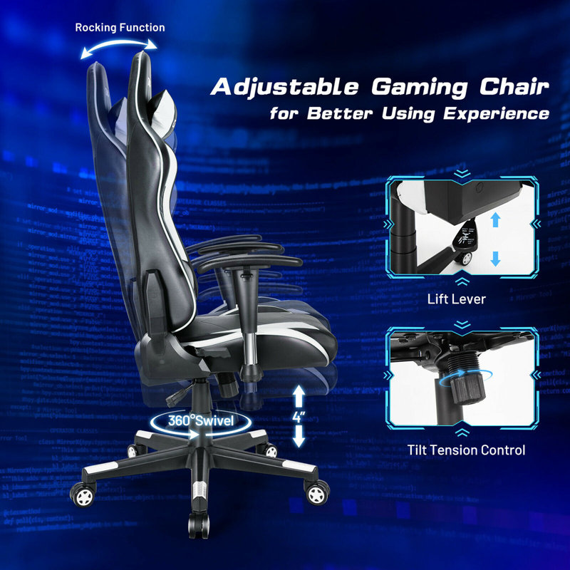 Gymax Adjustable Reclining Ergonomic Faux Leather Swiveling PC & Racing Game Chair, White