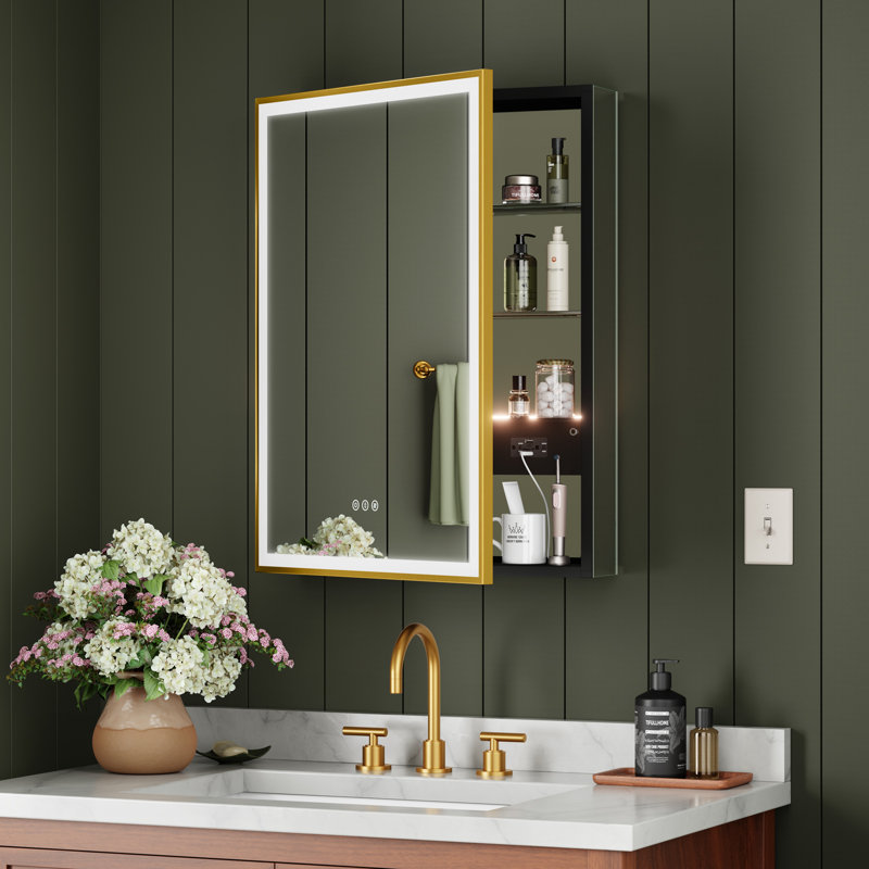 Gold Framed Lighted Medicine Cabinet with Mirror, Recessed/Surface, Plug-in/Hardwired, Outlets+USBs, 3 Colors/Dimmer/Inner Sensor Light/Defog, Left-hinged