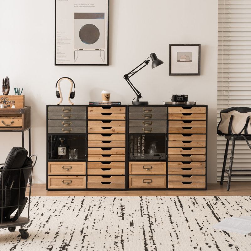30.7" H Multi-compartment Industrial Storage Cabinet, Solid Wood Panels and Black Metal Frame